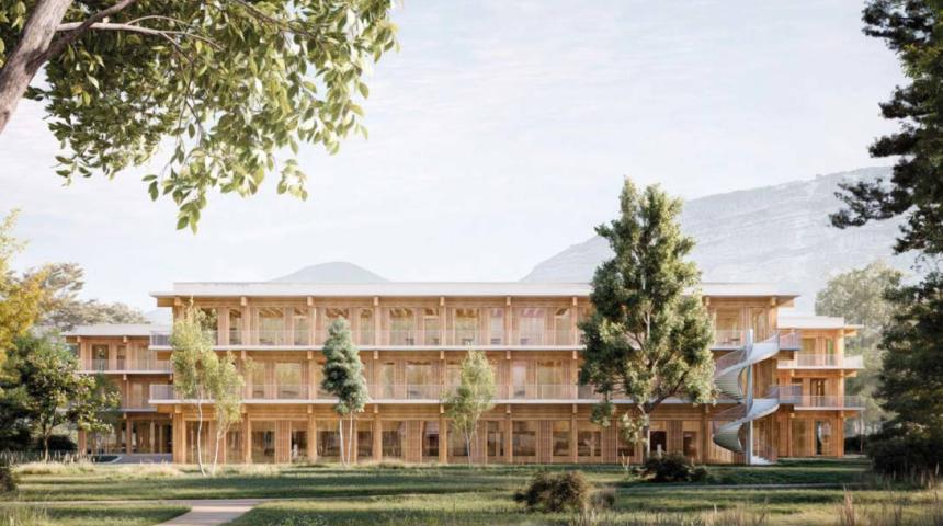 Le groupe scolaire. Mise en valeur du bois dans la sobriété des lignes.